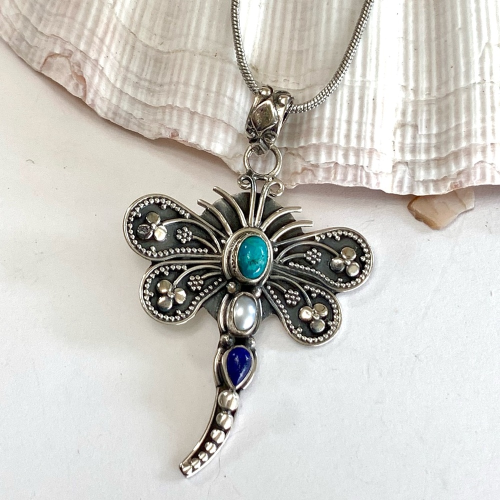 Dragonfly Turquoise Pearl and Lapis Sterling Silver Pendant